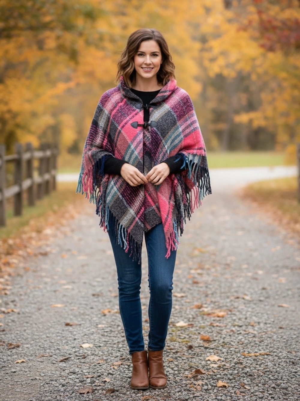 Women’s Plaid Navy and Coral Fringe Toggle Poncho Cape